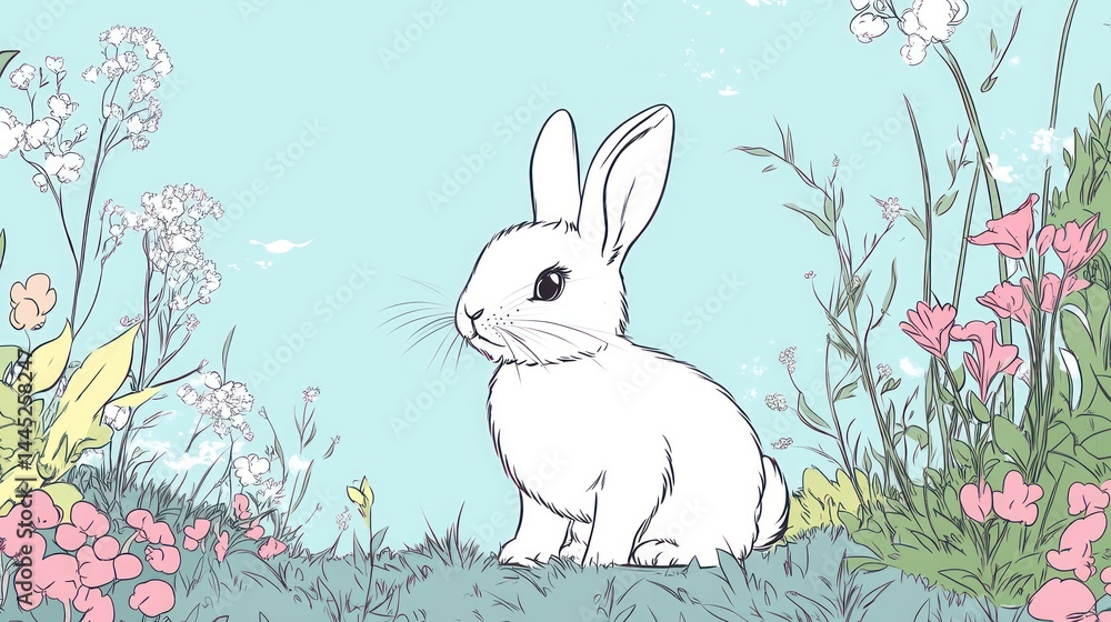 Obraz premium Cute rabbit in a flower meadow