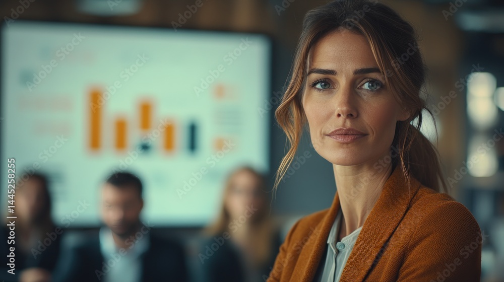 Fototapeta premium A businesswoman presenting growth data to her team in a bright, modern office.
