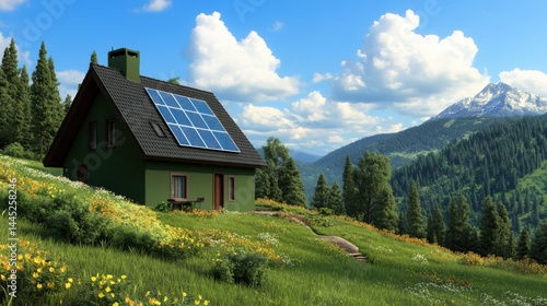 Wallpaper Mural A green house with solar panels sits on a grassy hillside with mountain views. The image is likely intended for use as stock photography. Torontodigital.ca