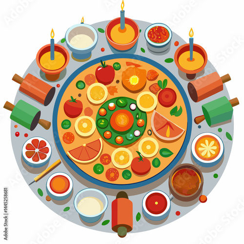 A pizza on a round table, accompanied by a candle and a knife, creating a cozy dining atmosphere.
