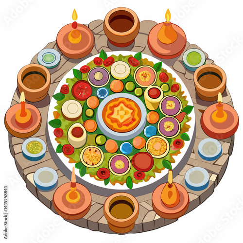 A pizza on a round table, accompanied by a candle and a knife, creating a cozy dining atmosphere.