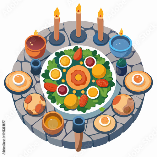 A pizza on a round table, accompanied by a candle and a knife, creating a cozy dining atmosphere.