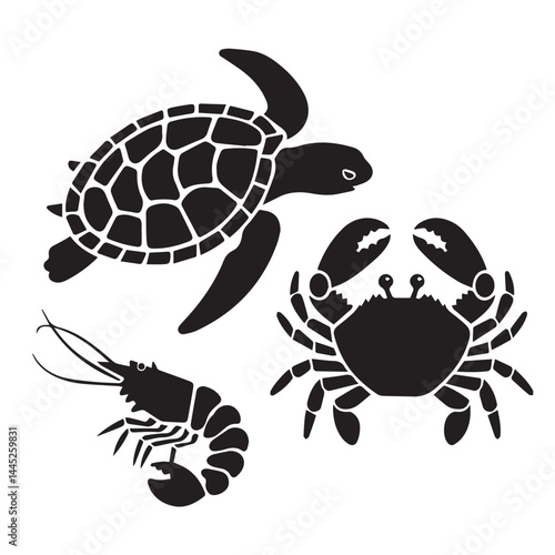 Vector set of black silhouette marine icons featuring a turtle, crab, and shrimp on a white background