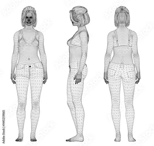 Three women are shown in a black and white illustration. The women are all wearing the same outfit and are standing in the same pose. Front, side, back view. 3D