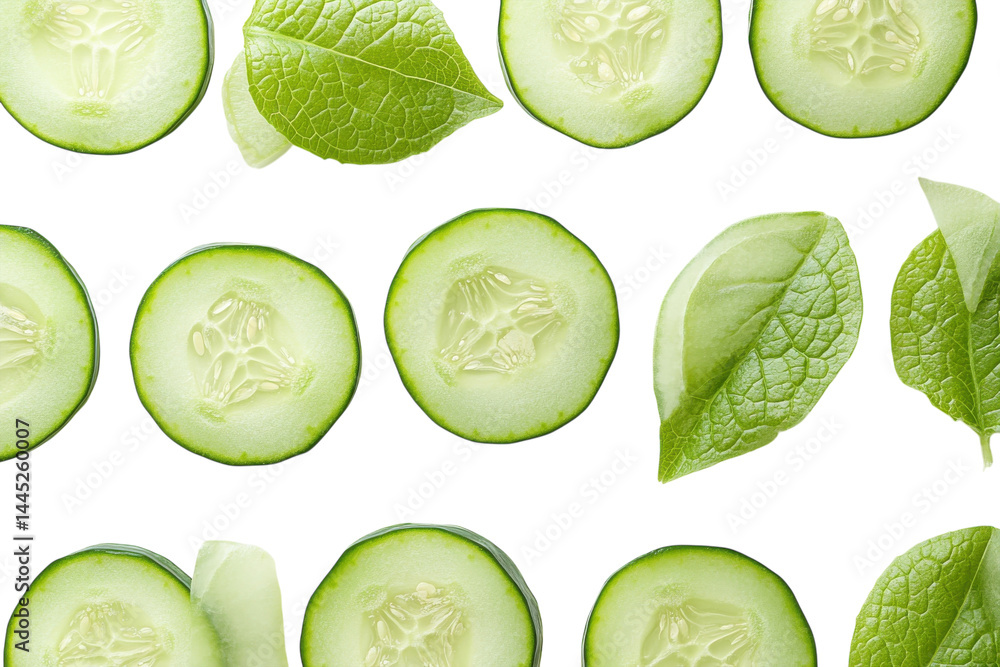 Refreshing cucumber slices with vibrant green leaves a cool and clean aesthetic perfect for skincare Refreshing cucumber slices with vibrant green leaves a cool and clean aesthetic perfect for skincare