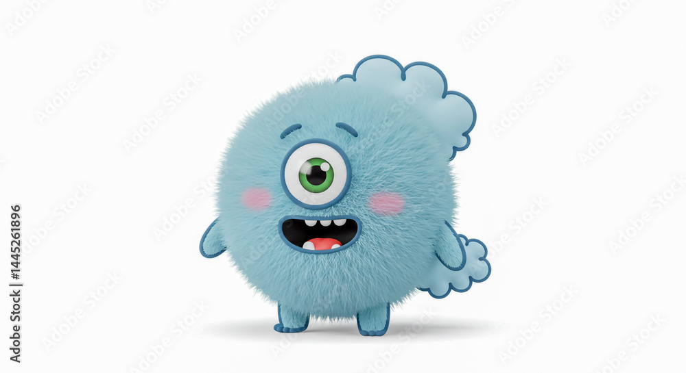 Obraz premium A cute round doodle monster with one big eye, smiling, white background, 8K