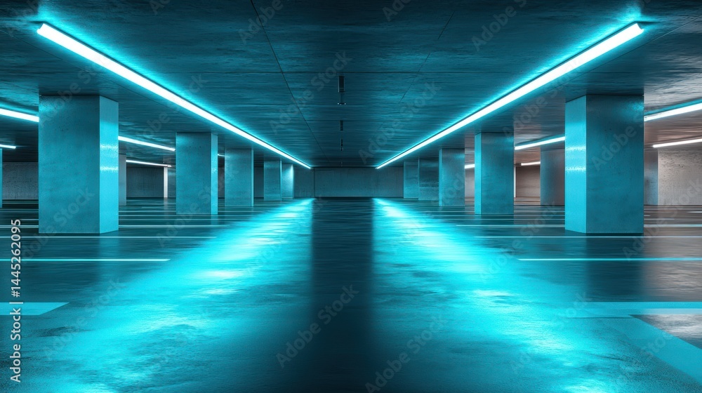 Neon-lit empty parking garage at night, futuristic background, ideal for sci-fi or tech themes Neon-lit empty parking garage at night, futuristic background, ideal for sci-fi or tech themes