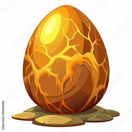 Golden egg with visible cracks, isolated on a white background, showcasing its textured surface and unique design.