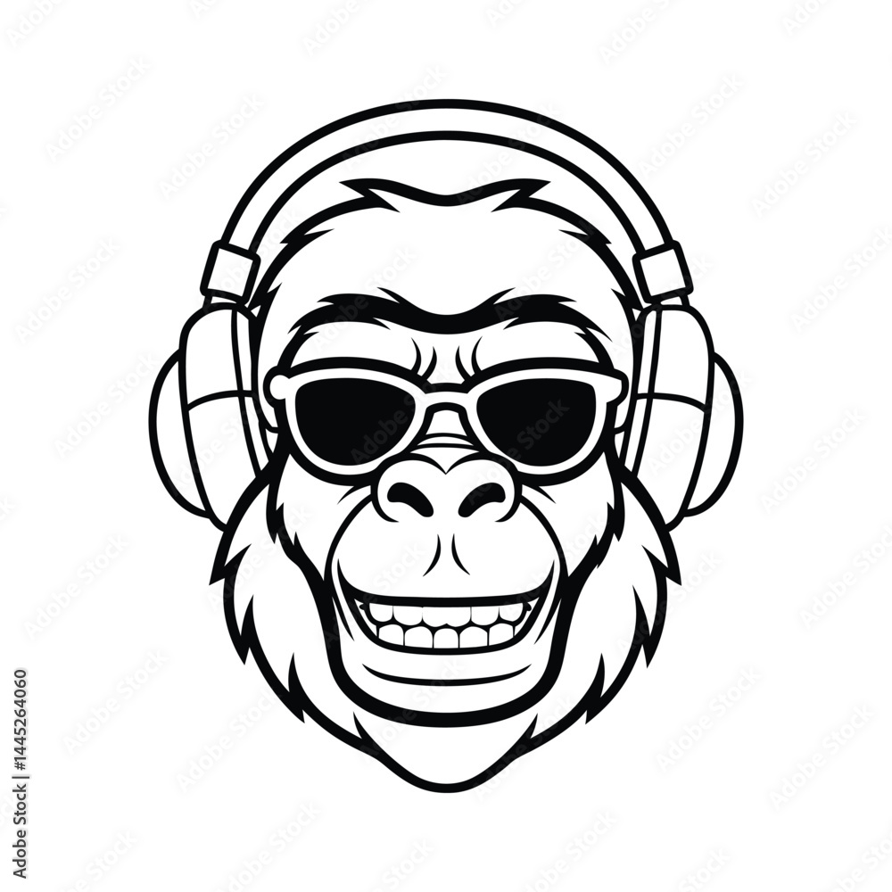 Fototapeta premium Line art drawing of a gorilla head wearing a headphones and sunglasses.eps