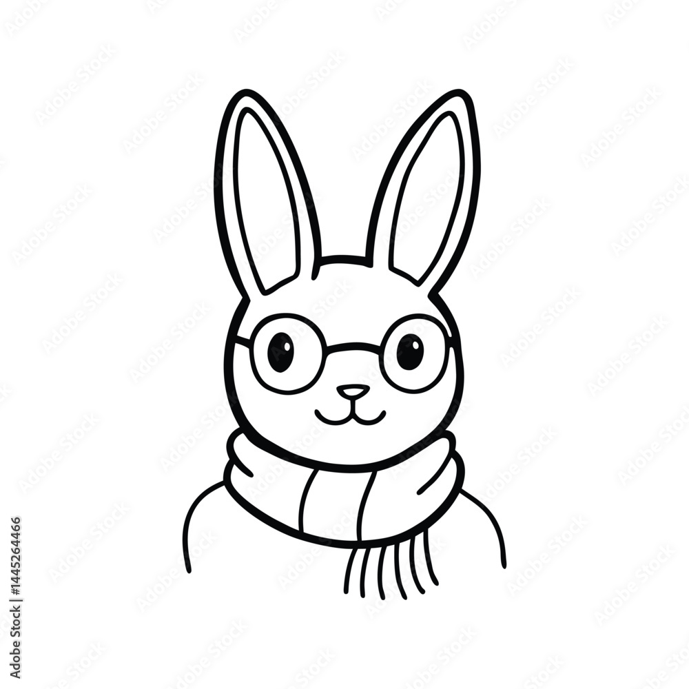 Obraz premium Line art drawing of a rabbit head wearing round glasses and a scarf.eps