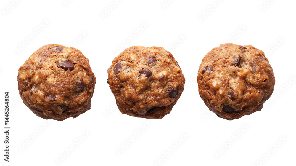 Delicious Three Golden Brown Chocolate Chip Cookies on White Background Delicious Three Golden Brown Chocolate Chip Cookies on White Background