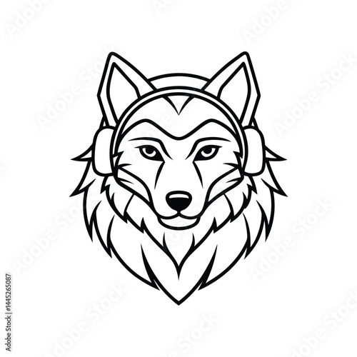 Line art drawing of a wolf head wearing headphones.eps
