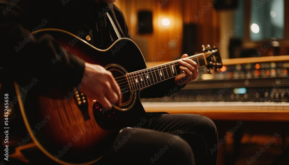 Fototapeta premium Musician playing acoustic guitar in recording studio