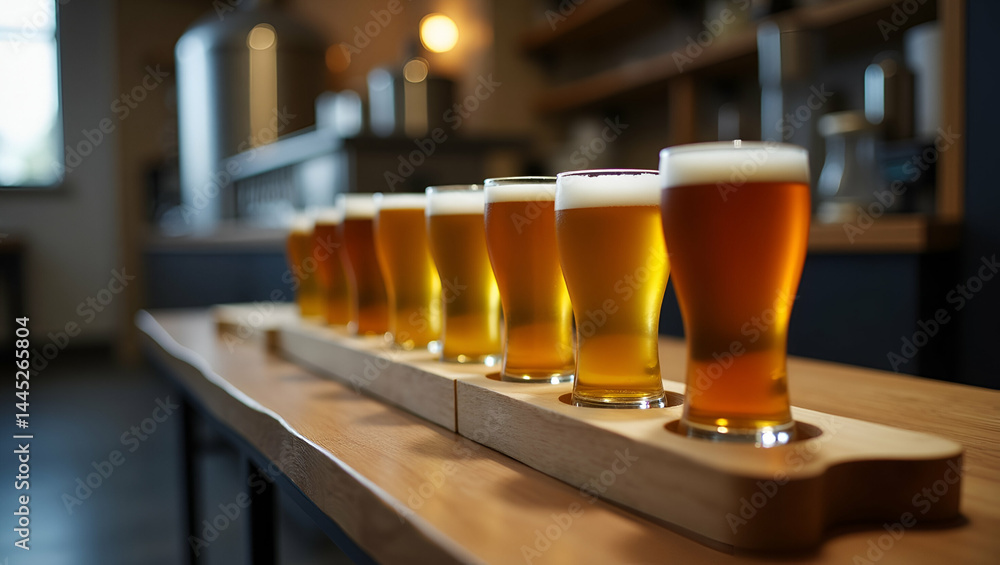 Informal Beer Tasting Workshop: Discover Craft Brewing Flavors with Sample Glasses on Wooden Paddle in a Serene Setting Informal Beer Tasting Workshop: Discover Craft Brewing Flavors with Sample Glasses on Wooden Paddle in a Serene Setting