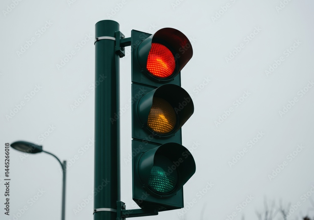 Red light of a traffic signal in a city. Road safety, traffic rules concept. Transportation infrastructure element for urban navigation and control.