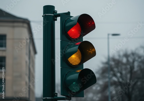Obraz na płótnie Traffic light with red, yellow, and green lights illuminated, a symbol of road safety and traffic control, used for transportation and urban navigation concepts w salonie