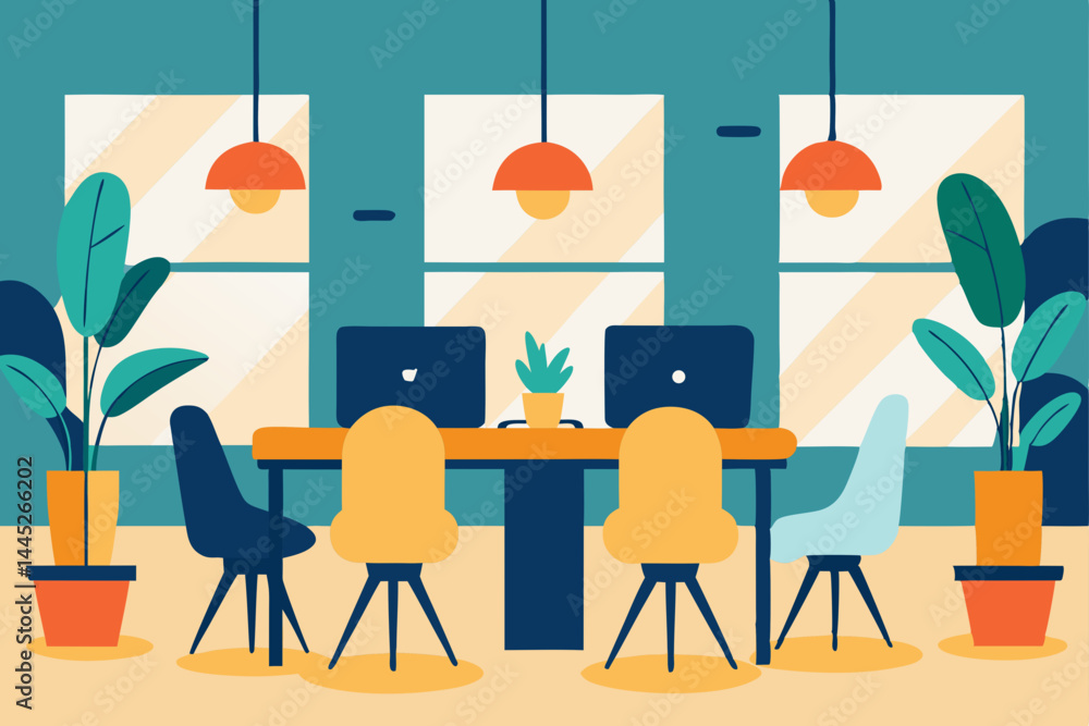 Modern Co-working Space Design Stylish Office Interior with Plants and Laptops Modern Co-working Space Design Stylish Office Interior with Plants and Laptops