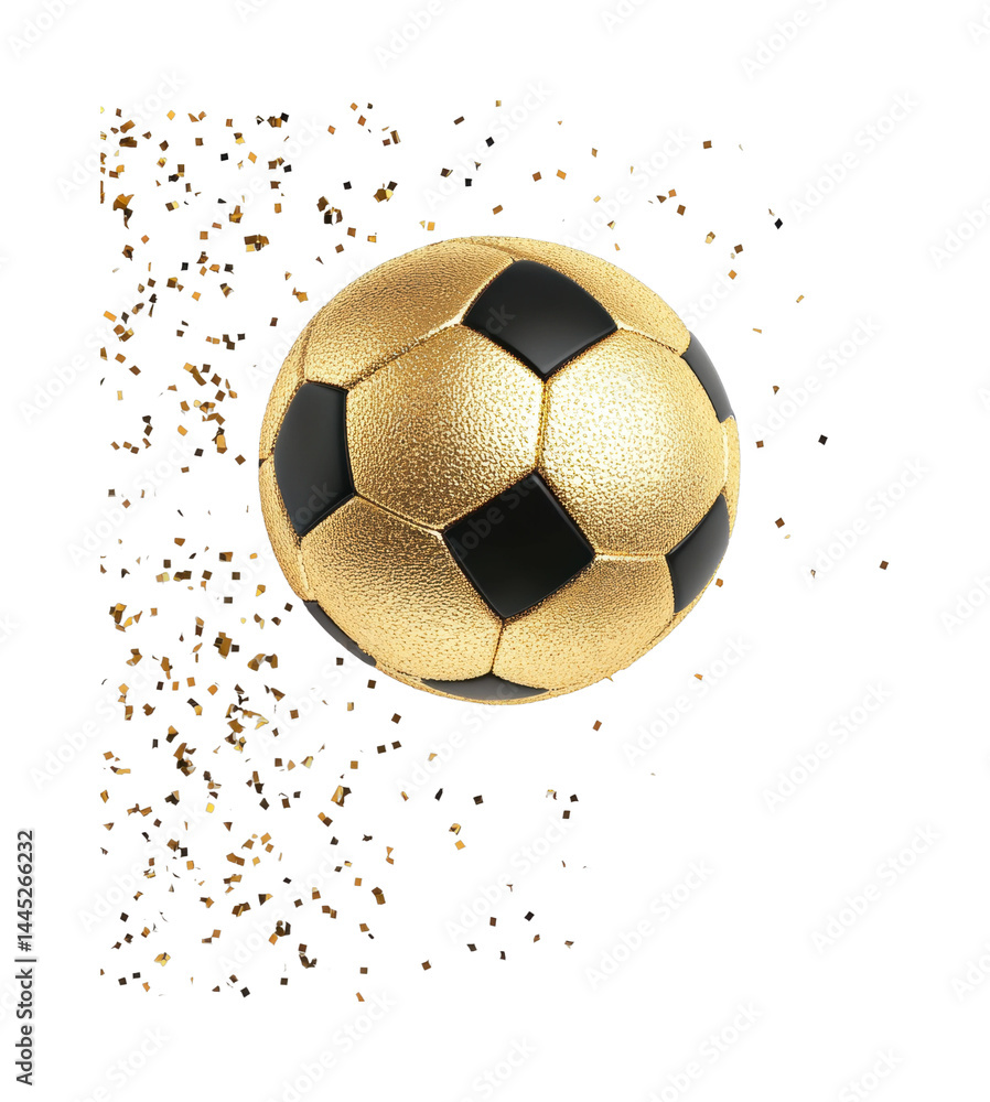 Obraz premium Golden soccer ball with sparkling confetti particles celebrating achievement