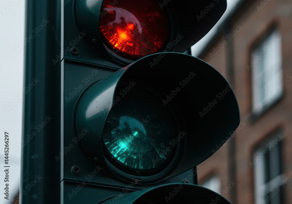 Traffic light showing red and green signal. Closeup of urban city street signalization for traffic control and road safety concept.