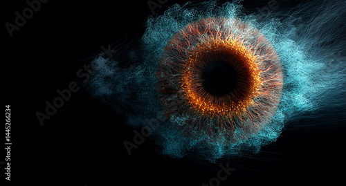 Cosmic eye emerging from darkness, combining abstract elements, vibrant energy, and celestial symbolism. This image evokes themes of perception, mystery, and universal connection