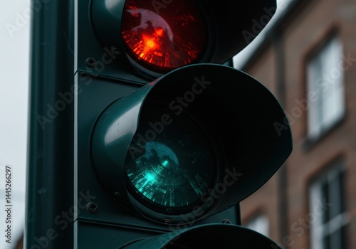 Obraz na płótnie Traffic light showing red and green signal. Closeup of urban city street signalization for traffic control and road safety concept. w salonie