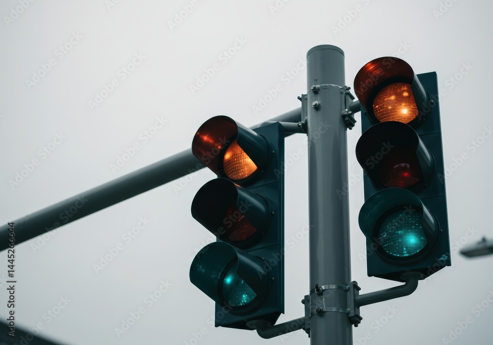 Traffic light showing red, yellow, and green. Road regulation device for street safety and traffic control urban infrastructure element.