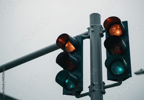 Obraz na płótnie Traffic light showing red, yellow, and green. Road regulation device for street safety and traffic control urban infrastructure element. w salonie