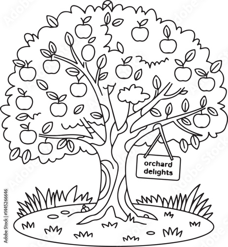 Apple Tree Orchard Coloring Page Illustration