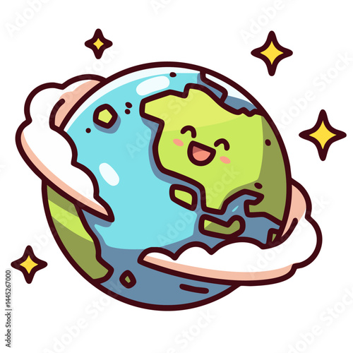 Happy planet earth, view from space, doodle cartoon character, kawaii isolated cute clean and simple vector illustration