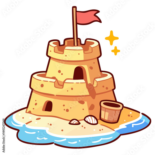 Sand castle with red flag on the beach, sandcastle tower, doodle isolated cute clean and simple cartoon vector illustration