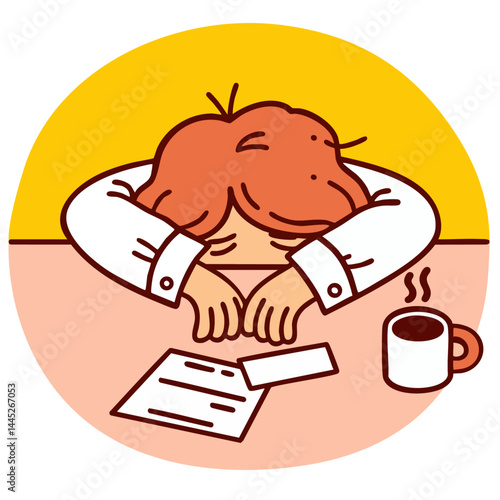 Tired office worker hunched over a desk, overworked exhausted employee at work with coffee,  doodle cartoon character, isolated clean and simple vector illustration