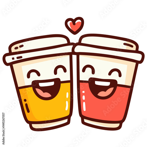 Two happy cheerful takeaway paper coffee cups with heart, love coffee, doodle cartoon character, kawaii isolated cute clean and simple vector illustration