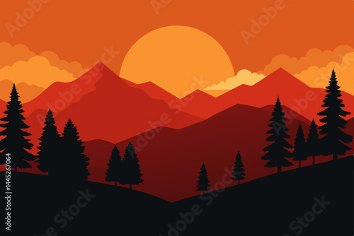 Fiery Sunset Mountain Landscape Silhouette of Majestic Peaks and Evergreen Trees