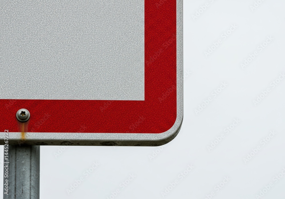 Close up detailed abstract view of a street sign corner showing reflective silver and red materials on a metal post with a visible screw.