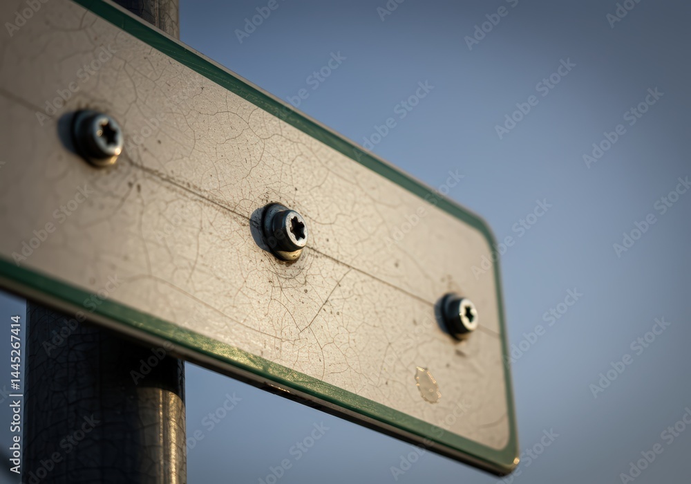 A close up view of a vintage weathered road sign with cracking paint and visible screws against a blue sky background, representing aging infrastructure and the passage of time.