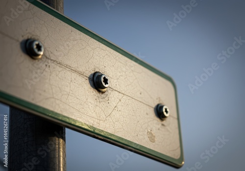 Obraz na płótnie A close up view of a vintage weathered road sign with cracking paint and visible screws against a blue sky background, representing aging infrastructure and the passage of time. w salonie
