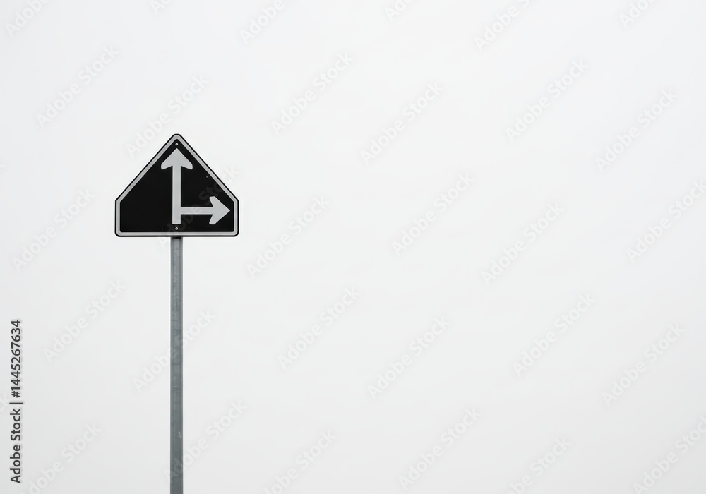 Black and white traffic sign indicating straight ahead and right turn on a plain background. Regulation and safety concept for transportation design.