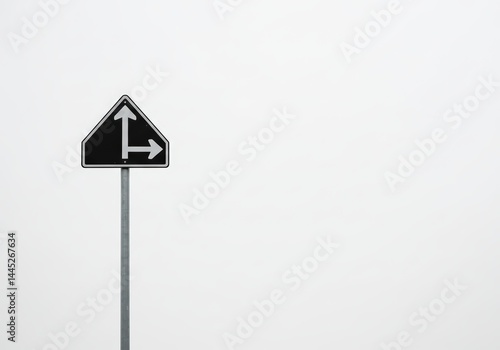 Obraz na płótnie Black and white traffic sign indicating straight ahead and right turn on a plain background. Regulation and safety concept for transportation design. w salonie
