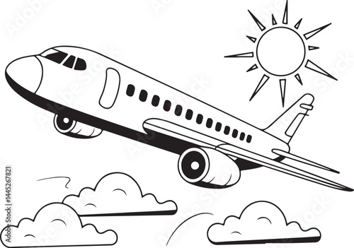Airplane Flying in Sunny Sky Black and White Illustration