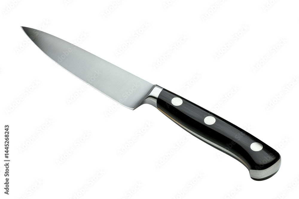 Sharp Kitchen Knife Black Handle Stainless Steel Blade Professional Cooking Tool food chef metal on transparent background Sharp Kitchen Knife Black Handle Stainless Steel Blade Professional Cooking Tool food chef metal on transparent background