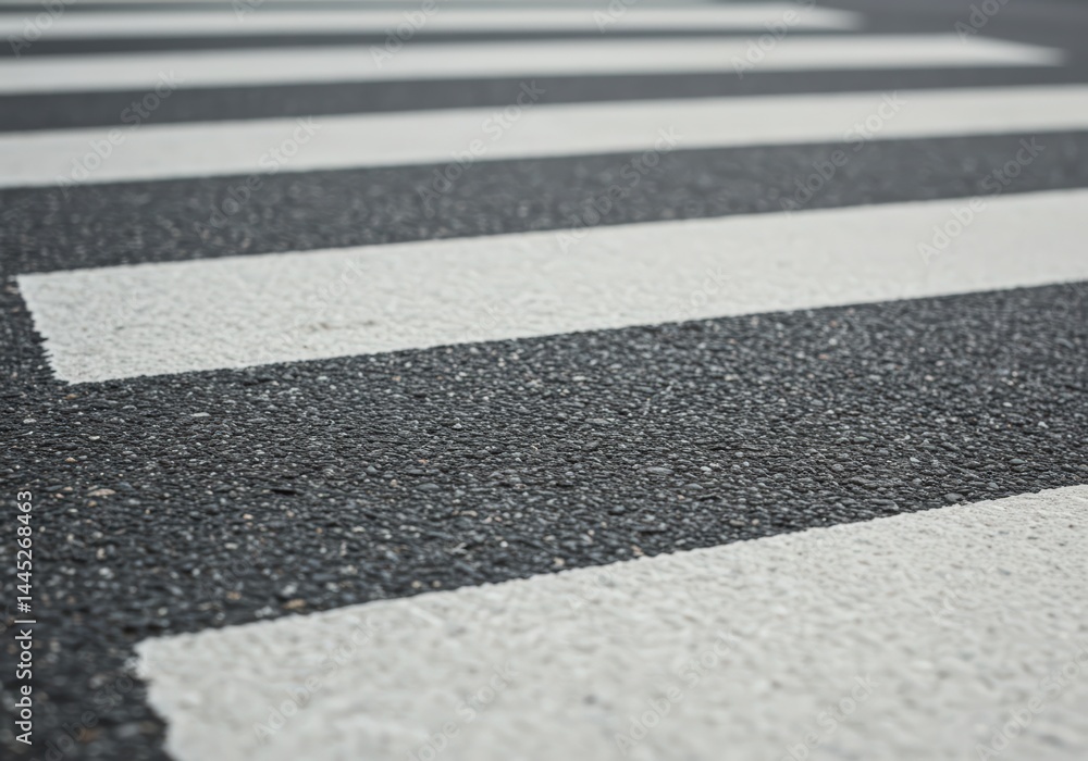 Close up view of a pedestrian crossing on asphalt road. White lines on black pavement. Safety sign for walking across street for traffic and urban planning.