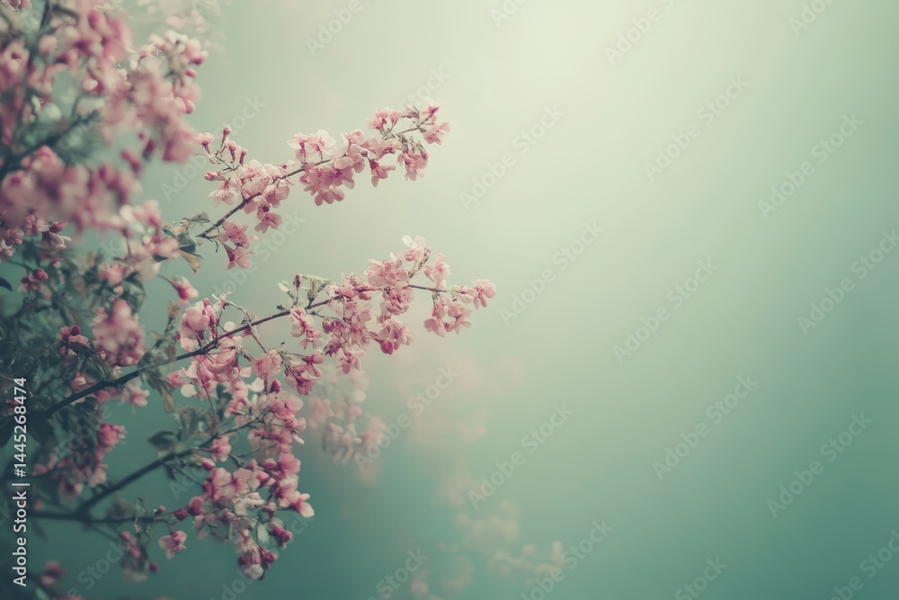 Delicate pink blossoms against a soft, misty backdrop. Delicate pink blossoms against a soft, misty backdrop.