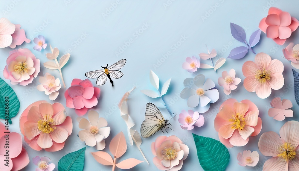 Obraz premium Pastel Paper Flowers, Butterflies, and Leaves Springtime Decor