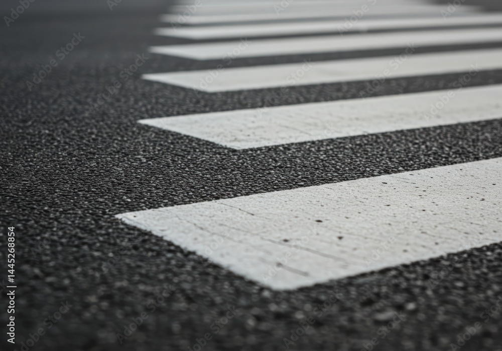 White lines of a crosswalk on asphalt road surface. Pedestrian crossing safety regulation and transportation infrastructure concept.