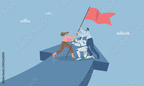 Using AI to support teams to make them stronger and grow, Business teams working as a team and artificial intelligence support to raise the flag of victory, Innovation. Flat vector illustration.