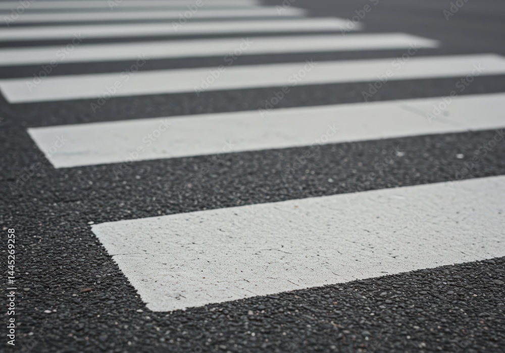 Surface level view of a asphalt road with white, painted pedestrian crosswalk stripes. Road safety concept for transport background or traffic awareness.