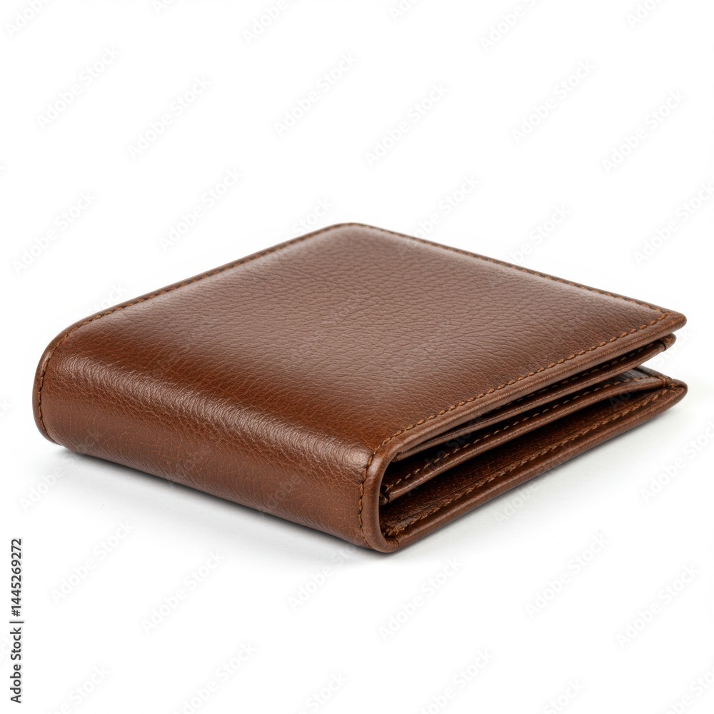 A close up studio shot of a brown leather wallet on a white surface with soft lighting and shadows cast A close up studio shot of a brown leather wallet on a white surface with soft lighting and shadows cast