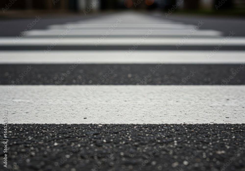 Crossroad marking stripes on asphalt for safe pedestrian crossing. Close up street view. Transportation and road safety concept. Urban environment traffic.