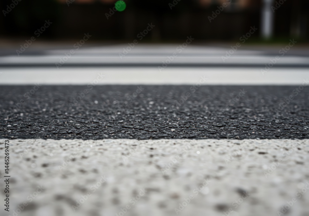 Close up view on a fresh pedestrian crosswalk marking on wet asphalt road providing clear visibility for road safety concept education and awareness campaigns.