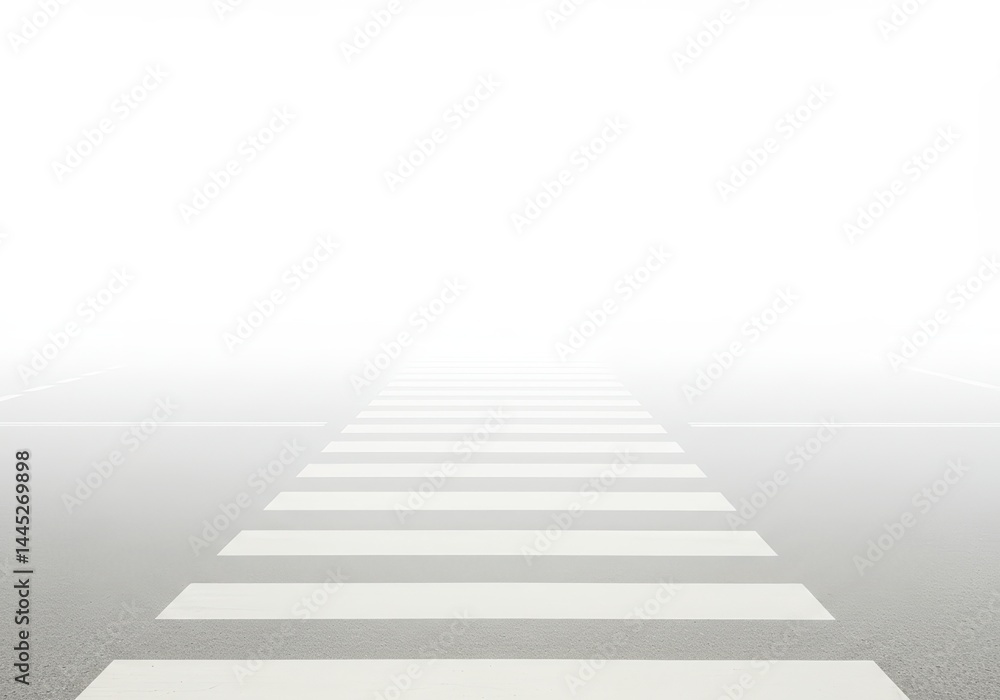 White pedestrian crossing on a road in the fog. Driving in low visibility conditions. Danger on highway concept for road safety campaigns and public awareness.